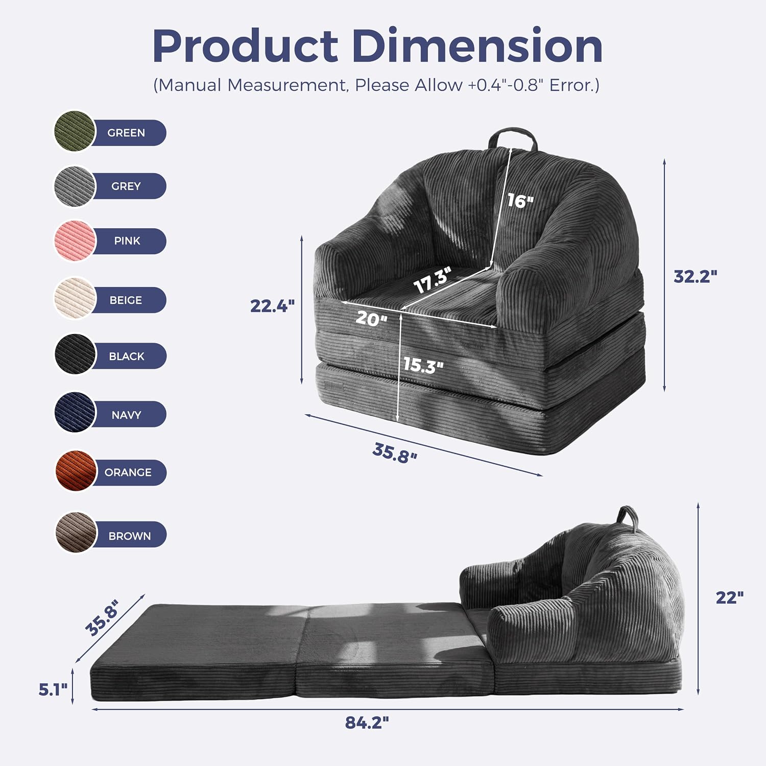 MAXYOYO Folding Sofa Bed with Backrest, Boneless Fold Out Couch Bed with Handle, 2 in 1 Convertible Bean Bag Chair to Floor Sofa Lounger, Comfy Folding Couch for Bedroom & Living Room, Dark Grey