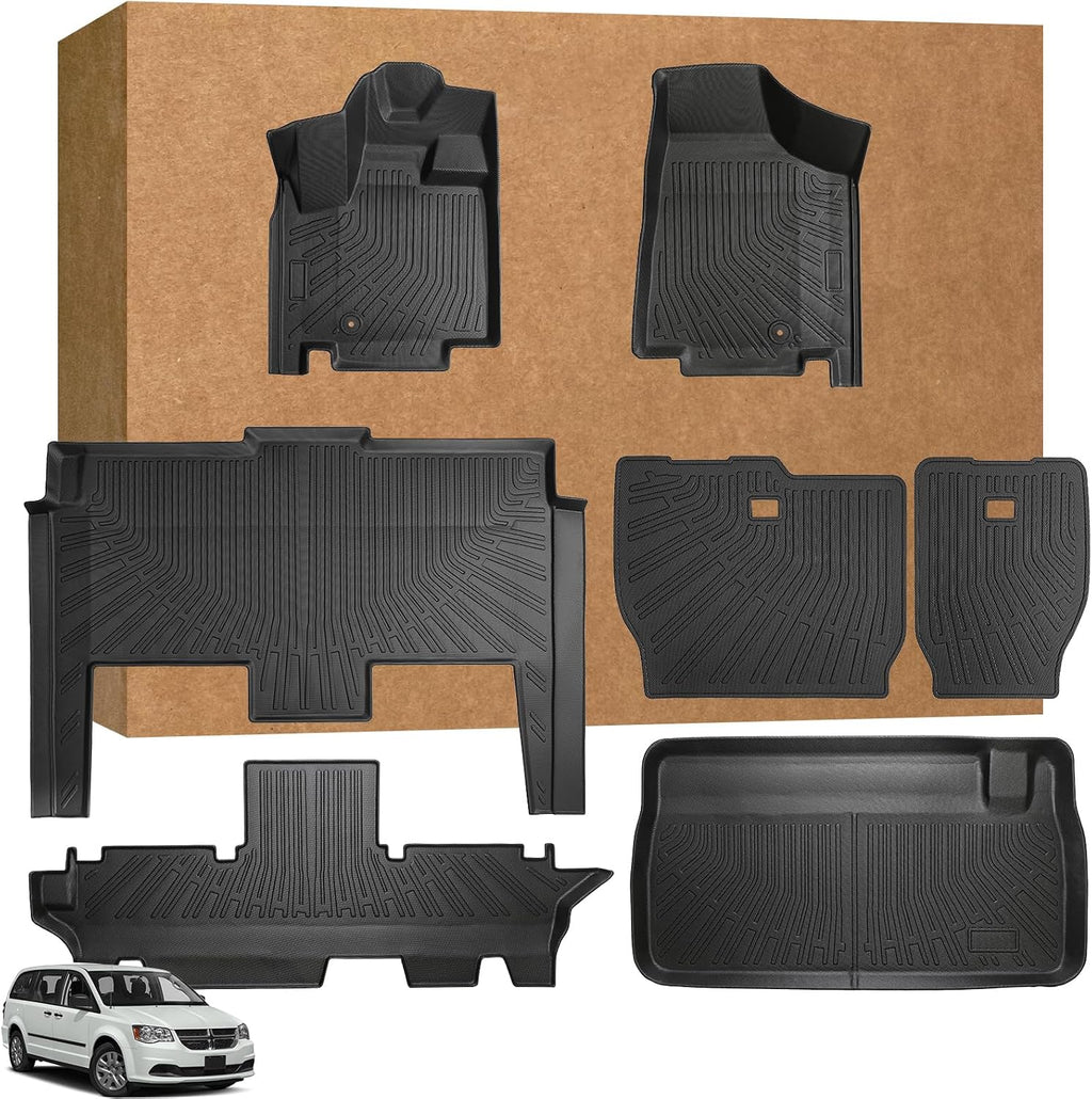 Floor Mats Full Set for Dodge Grand Caravan 2008-2021 & for Chrysler Town & Country 2008-2016(ONLY Stow'n Go), TPE All Weather Protection Custom Fit Floor Liners & Backrest Mat & Cargo Liner