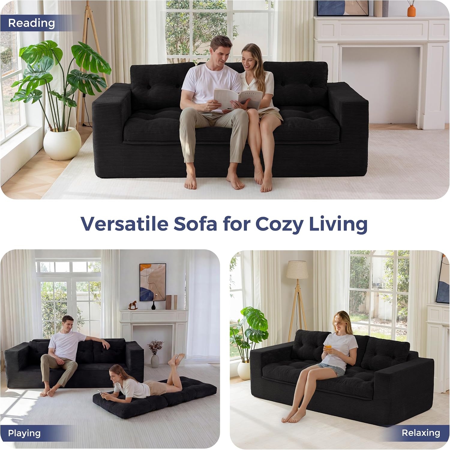 MAXYOYO 3-Seater Boneless Sofa Couch, Modern Sofa for Living Room, Soft Bean Bag Chair High-Density Foam Couch with Pillows, No Assembly Required