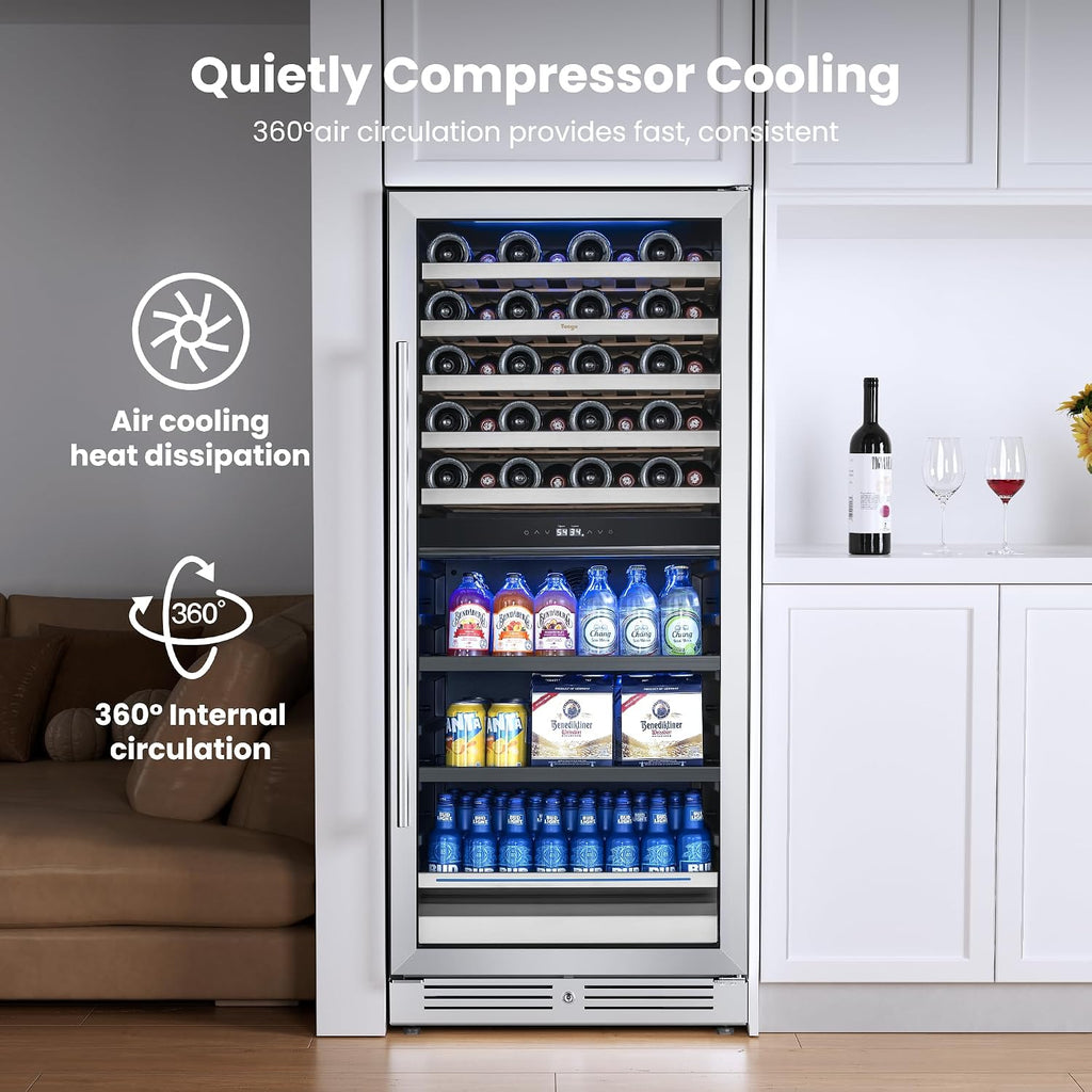 Yeego 24 Inch Wine Fridge – 34°F-65°F Wine and Beverage Cooler, 304 Stainless Steel Glass Door Lock, Temp Memory Blue & White LED Built-in Fridge with Adjustable Shelves (112 Can+40 Bottle)