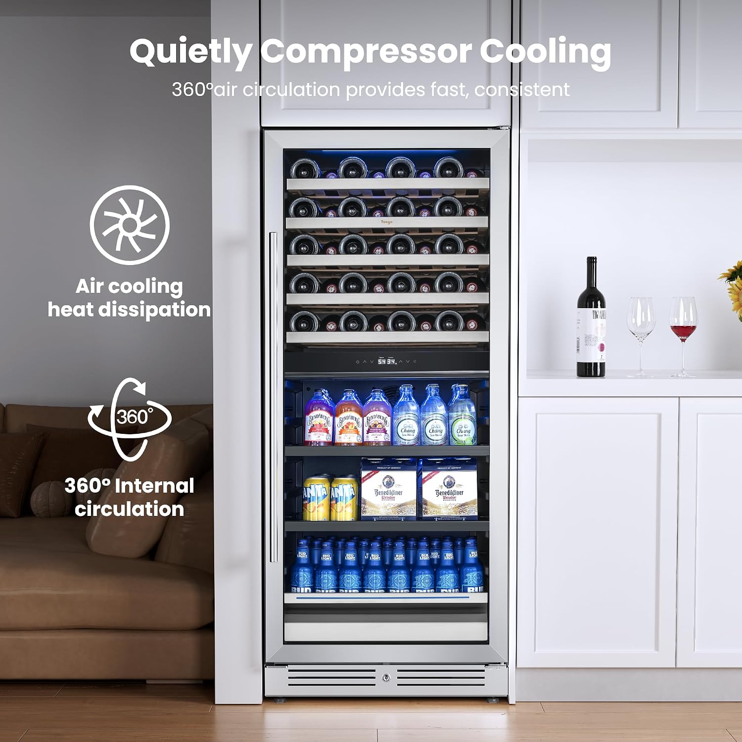 Yeego 24 Inch Wine Fridge – 34°F-65°F Wine and Beverage Cooler, 304 Stainless Steel Glass Door Lock, Temp Memory Blue & White LED Built-in Fridge with Adjustable Shelves (112 Can+40 Bottle)
