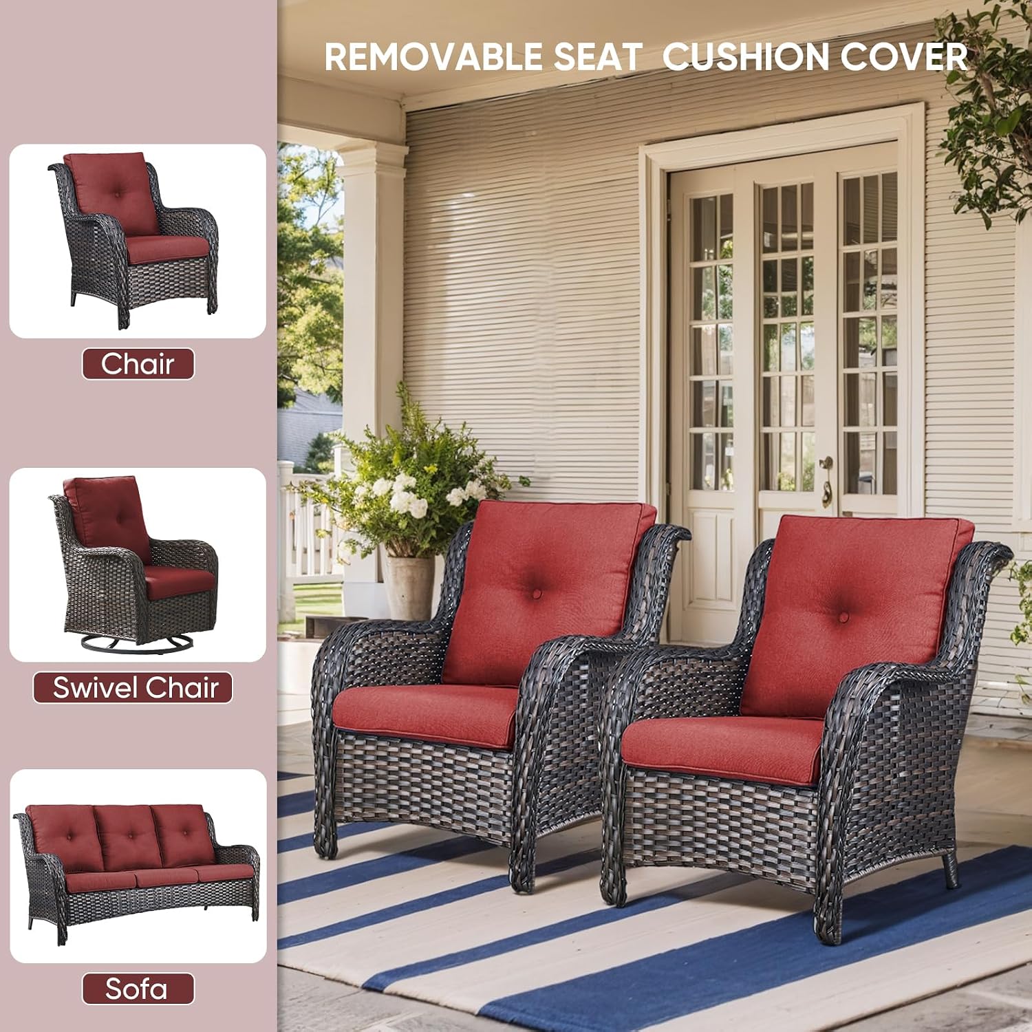 Outdoor Wicker Chair Cushions 2 Packs - Outside High Back Thick Water-Resistant Cushion 22x24 with Zipper Cover for Patio Glider Rocking Chairs Loveseat Couch – Red/Buckle