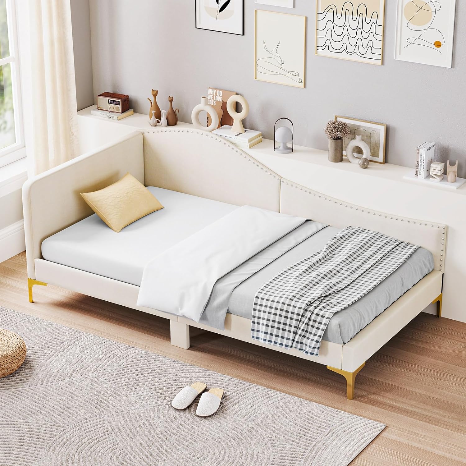 Giantex Twin Size Upholstered Daybed, Rivet-Tufted Platform Bed with Headboard, Metal Legs & Wood Slats, L-Shaped Corner Sofa Bed for Living Room & Guest Room, No Box Spring Needed, Beige