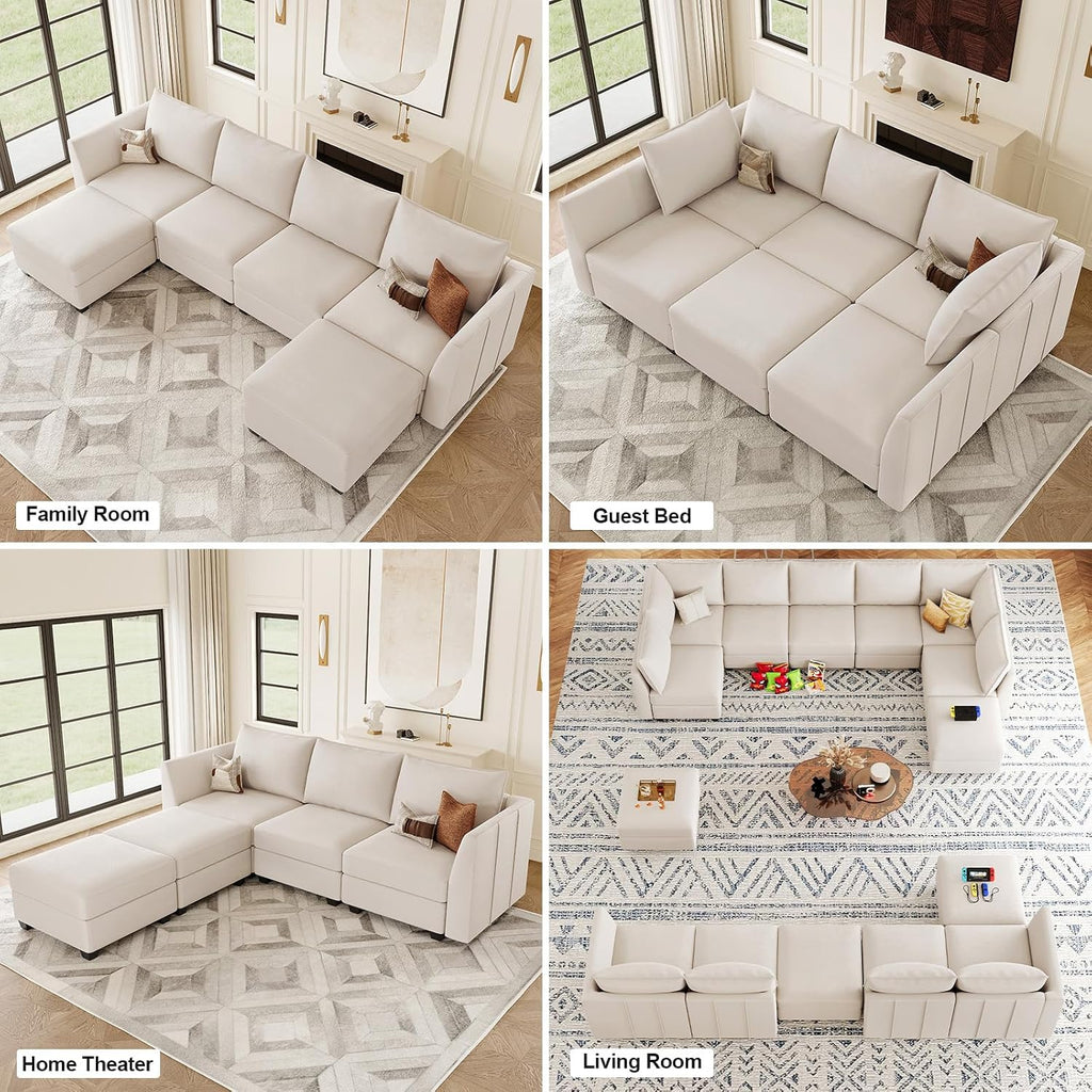 Belffin Modular Sectional Sofa with Double Chaise Velvet U Shaped Sofa Reversible Sectional Couch with Storage Beige