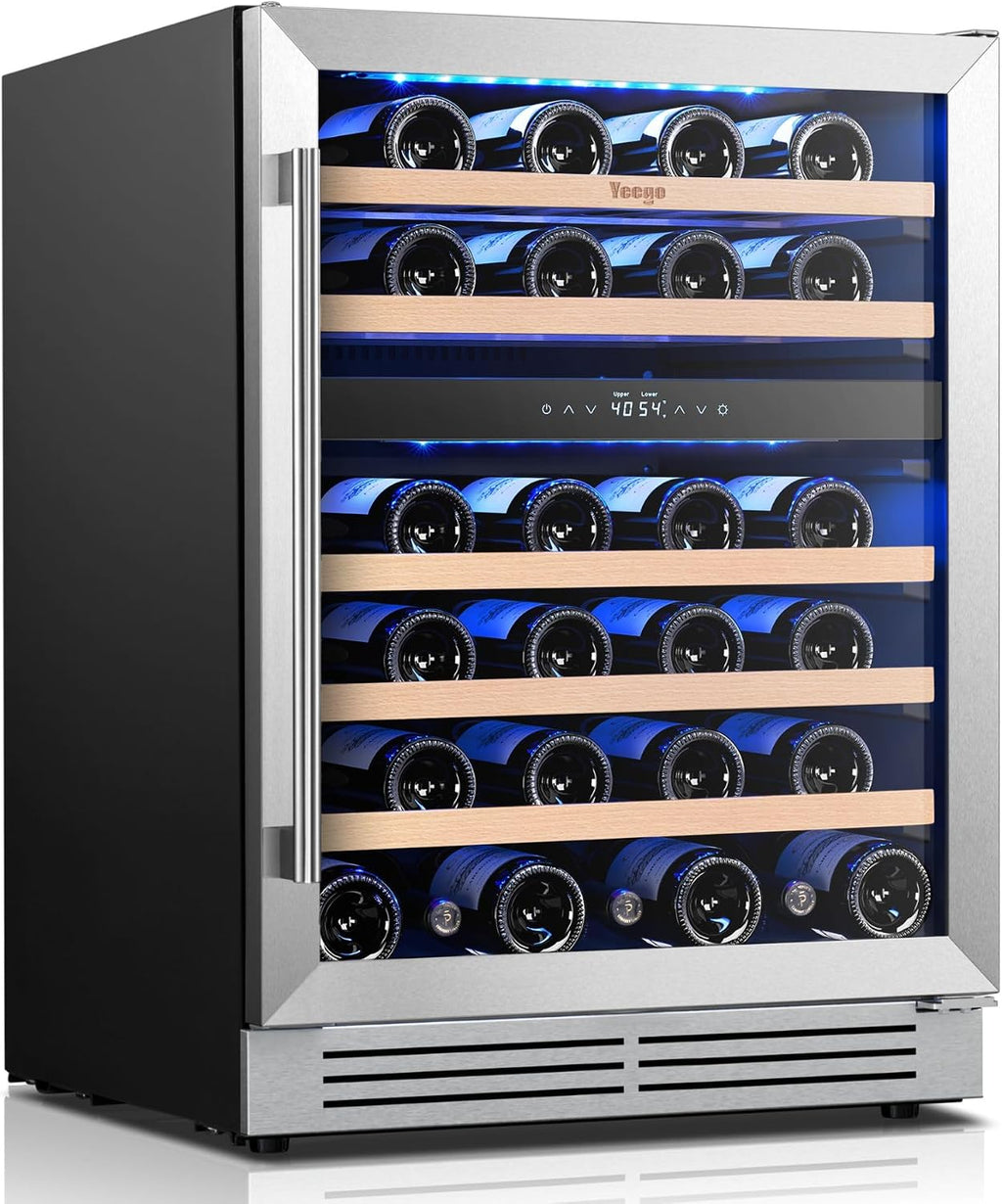 Yeego Wine Fridge Cooler - 24 Inch Dual Zone Wine Fridge Hold 52 Bottles, 40-65°F Wine Refrigerator Glass Door, Built in Fridge, Freestanding Adjustable Shelves Fridge for Beer Soda Drink Home Bar