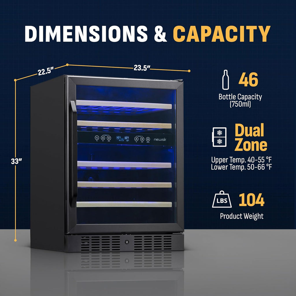 NewAir 24' Dual Zone Wine Fridge for 46 Bottles | Built-In or Freestanding Wine Cooler Refrigerator with Glass Door | Quiet Cooling & Adjustable Shelves for Red and White Wine | Black Stainless Steel