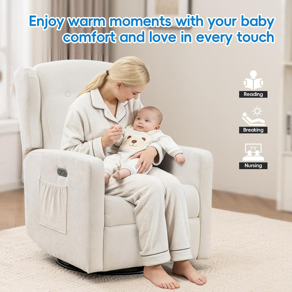 Swivel Rocker Power Recliner Chair for Nursery, 270° Swivel Glider Recliner with USB & Type-C Charging, Electric Reclining Chair with Storage Pockets, Upholstered Recliner for Living Room(Cream)
