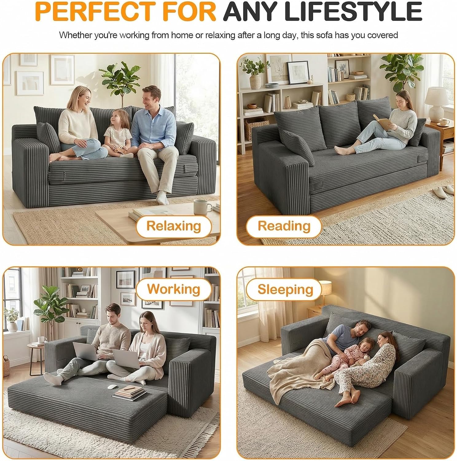 Oversize Loveseat Boneless Convertible Sofa Bed, Folding Floor Futon Sleeper Sofa Queen Size Couch Bed- Boneless Foldable Couch, Corduroy Pull Out Sofa Bed with 5 Pillows for Living Room & Bedroom
