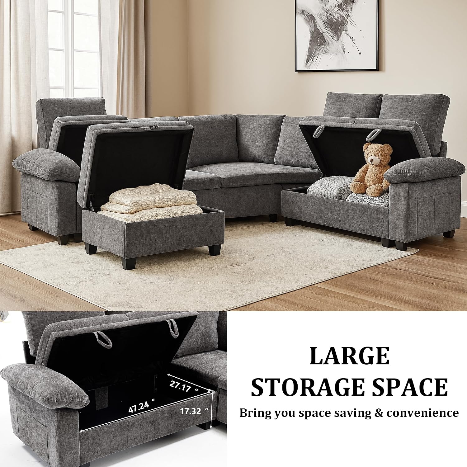 108 Inch Sectional Sleeper L Shaped Sofa with Pull Out Bed, Modular Sectional Sofa with Storage, Modern Chenille Cloud Couch, Sectional Couches for Living Room, Grey