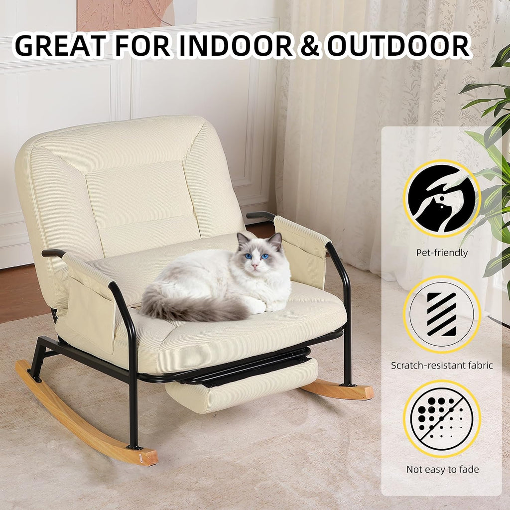 Oversized Rocking Chair, Extra-Wide Glider Patio Rocker Chairs with Foot Rest, Padded Cushion, Adjustable Backrest, Mental Wooden Farm, Indoor/Outdoor Living Room Bedroom Balcony Porch, Beige