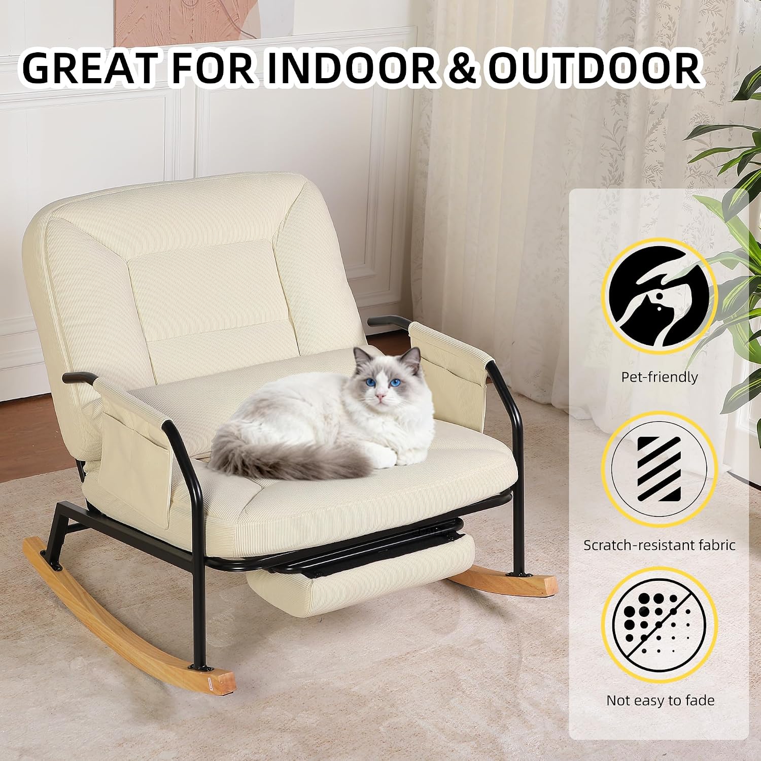 Oversized Rocking Chair, Extra-Wide Glider Patio Rocker Chairs with Foot Rest, Padded Cushion, Adjustable Backrest, Mental Wooden Farm, Indoor/Outdoor Living Room Bedroom Balcony Porch, Beige