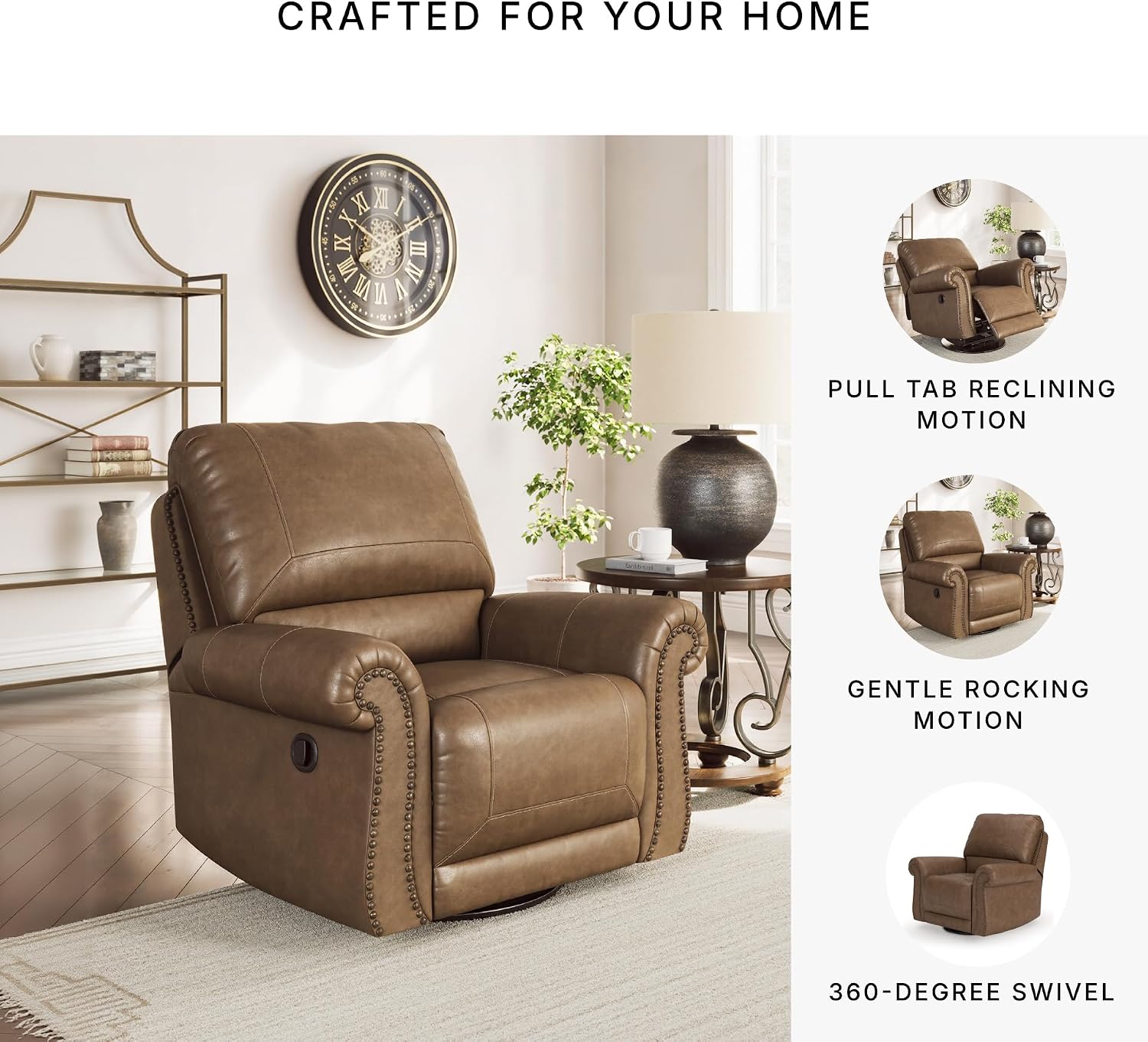 Signature Design by Ashley Shadsburne Classic Faux Leather Manual Rocker Swivel Glider Recliner with Nailhead Trim, Brown