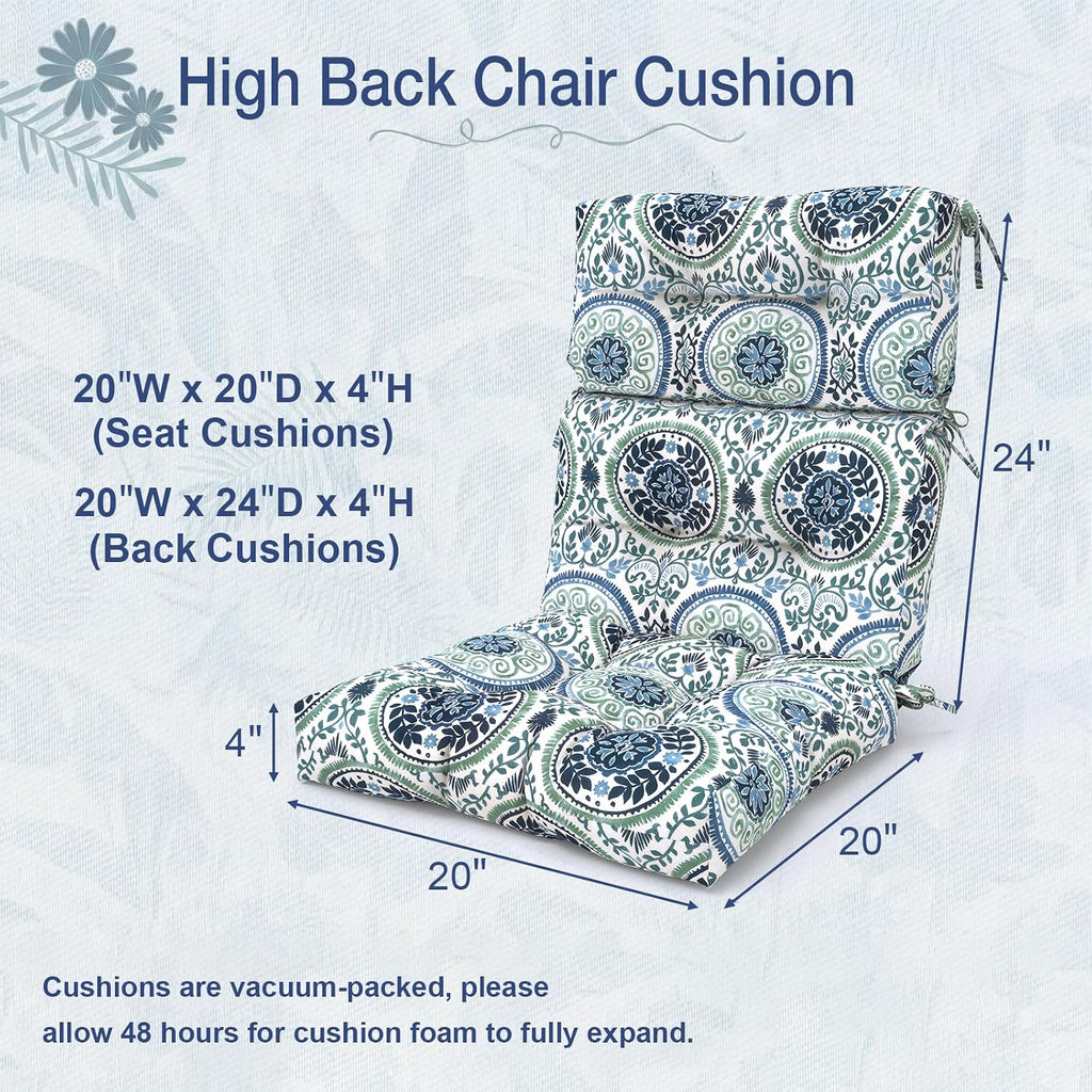 Outdoor High Back Chair Cushions Set of 2, Water-Resistant Seat Cushion Rocking Chair Cushion with tie 44×20×4 inch, Celadon Wreath