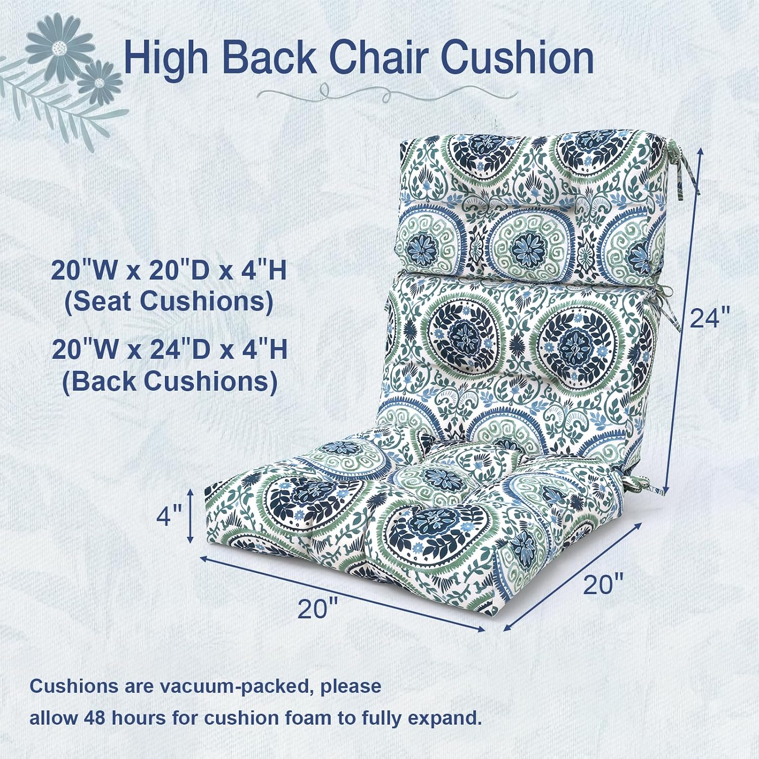 Outdoor High Back Chair Cushions Set of 2, Water-Resistant Seat Cushion Rocking Chair Cushion with tie 44×20×4 inch, Celadon Wreath