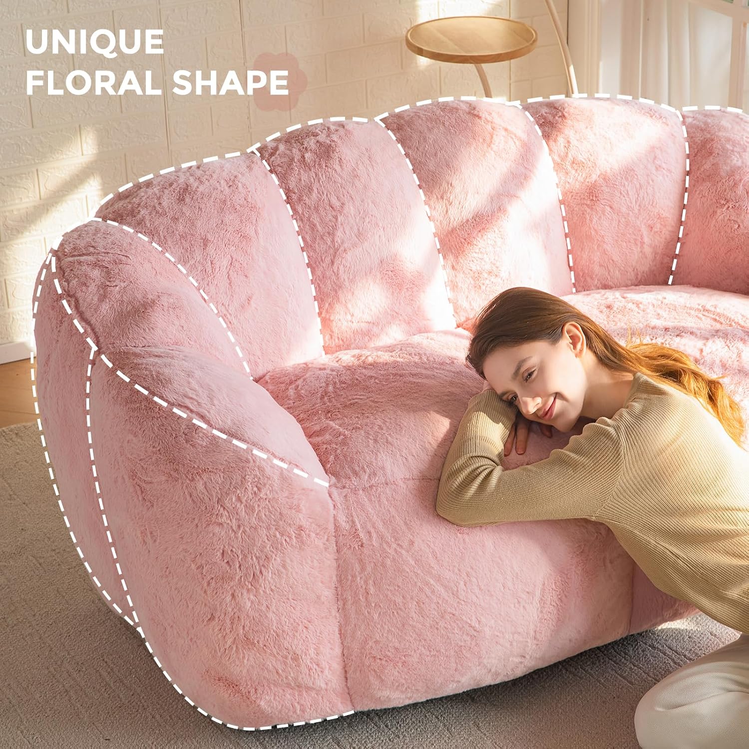 MAXYOYO Bean Bag Chair for Adults, Loveseat Floral Shaped Bean Bag Sofa, Ultra Soft Love Seat Mini Sofa Couch, Faux Fur Reading Chair for Living Room Bedroom, Pink