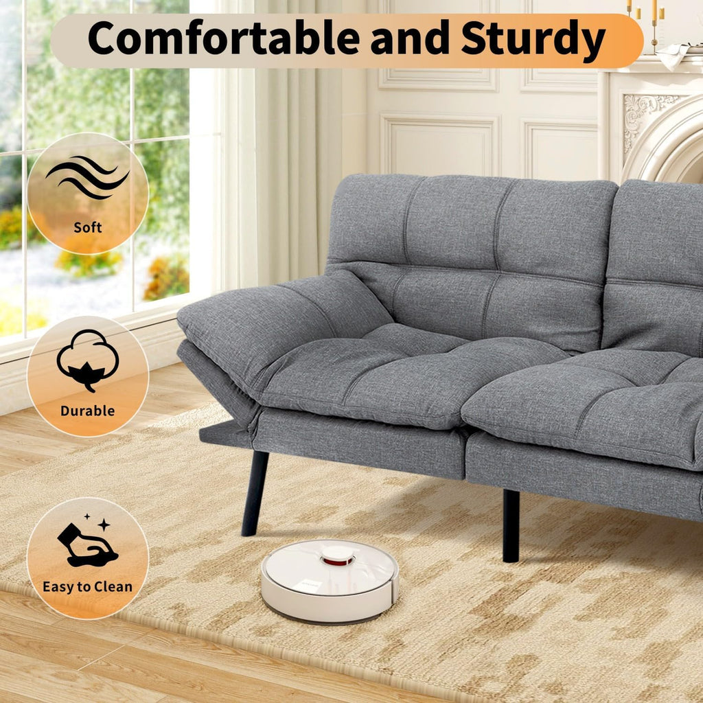 MUUEGM 71' Futon Sofa Bed, Cozy Convertible Loveseat Sleeper, Linen Fabric Couch with Adjustable Back & Arms for Living Room, Guest Room - Ash Gray
