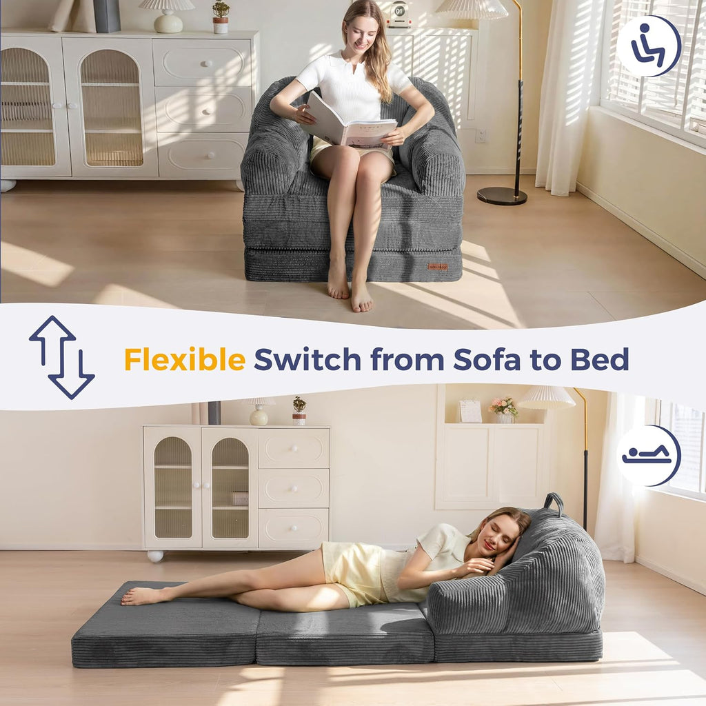 MAXYOYO Folding Sofa Bed with Backrest, Boneless Fold Out Couch Bed with Handle, 2 in 1 Convertible Bean Bag Chair to Floor Sofa Lounger, Comfy Folding Couch for Bedroom & Living Room, Dark Grey