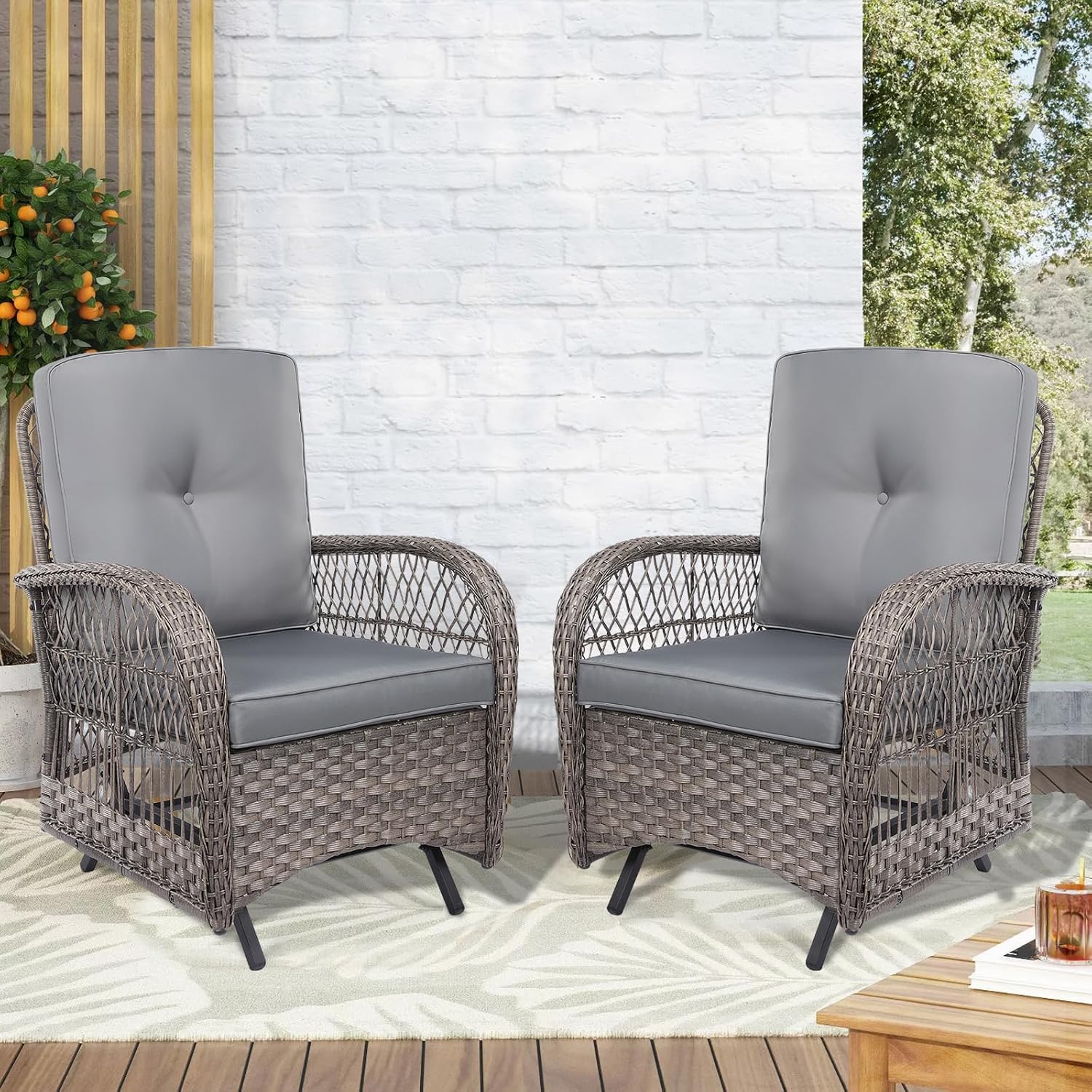 VIVIJASON 2-Piece Outdoor Wicker Glider Rocking Chair, Patio Rattan Swing Glider Chairs with Cushions & Steel Frame, All-Weather Gliding Lawn Wicker Furniture for Garden Backyard Porch, Grey