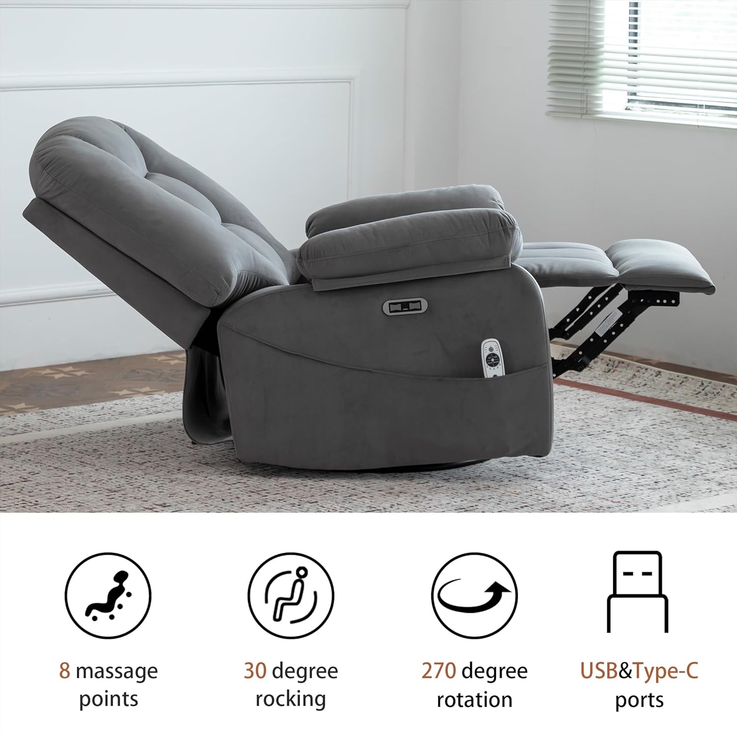 Ketaiyou Power Swivel Rocker Recliner with Massage and Heat, USB and Type-C Port, Infinite Position, Electric Glider Rocking Chairs Living Room, Soft Fabric Reclining Sofa Chair (Velvet Grey)