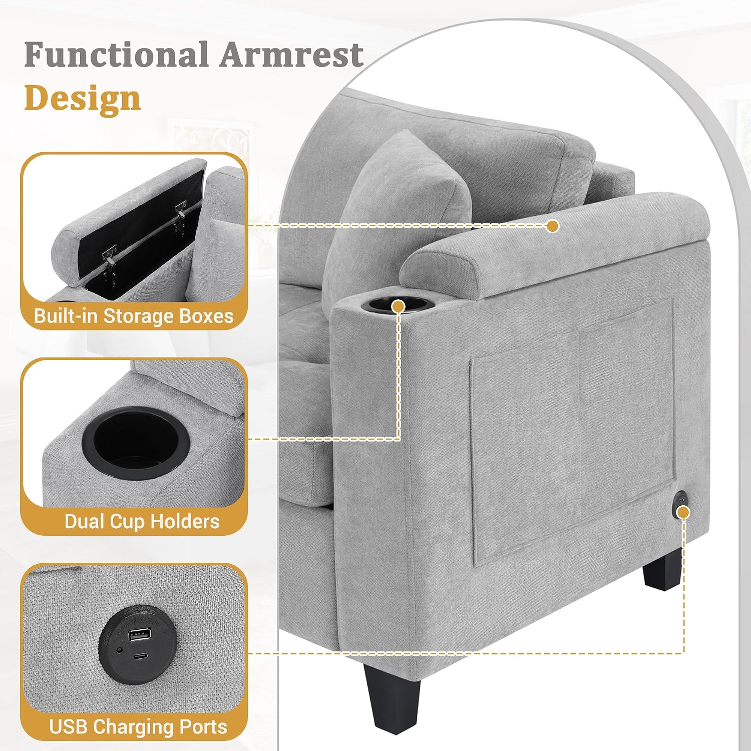 Eafurn Oversized U Shaped Sectional Sofa Tufted Couch w/Left Chaise, 6-Seater Chenille Convertible Corner Couches w/Cup Holders, Storage Armrest and USB Ports
