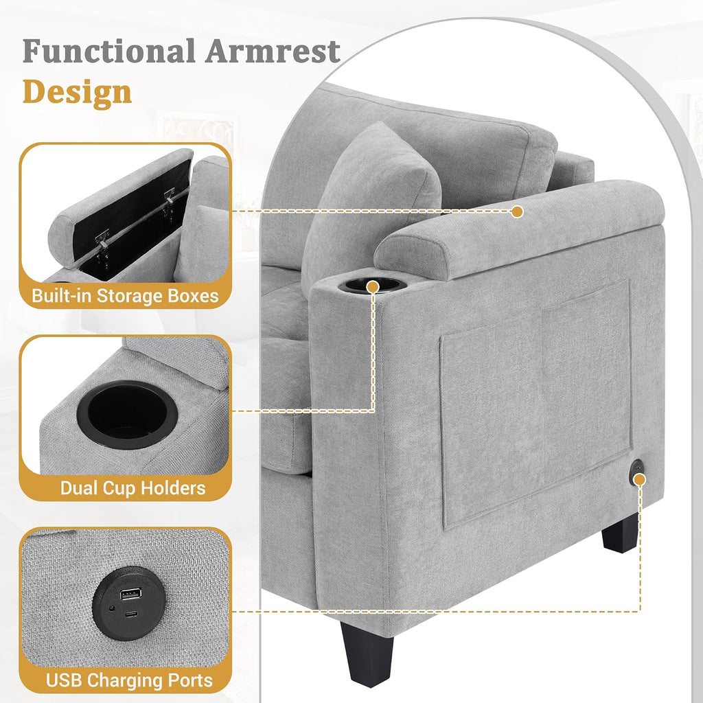 Merax 115.7' U-Shaped Chenille Sectional Sofa, 4 Seat Corner Couch Oversized with Built-in Cup Holders, 3 Pillows, Storage Space for Living Room, Light Grey
