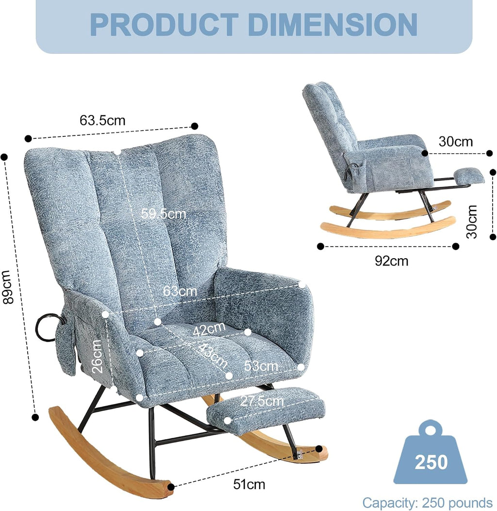 Rocking Chair Nursery with Airbag, Comfy Modern Nursery Rocking Reading Chair Indoor with Footrest, Cozy Upholstered Glider Rocker Chairs for Living Room Bedroom Offices, (Chenille, Blue)