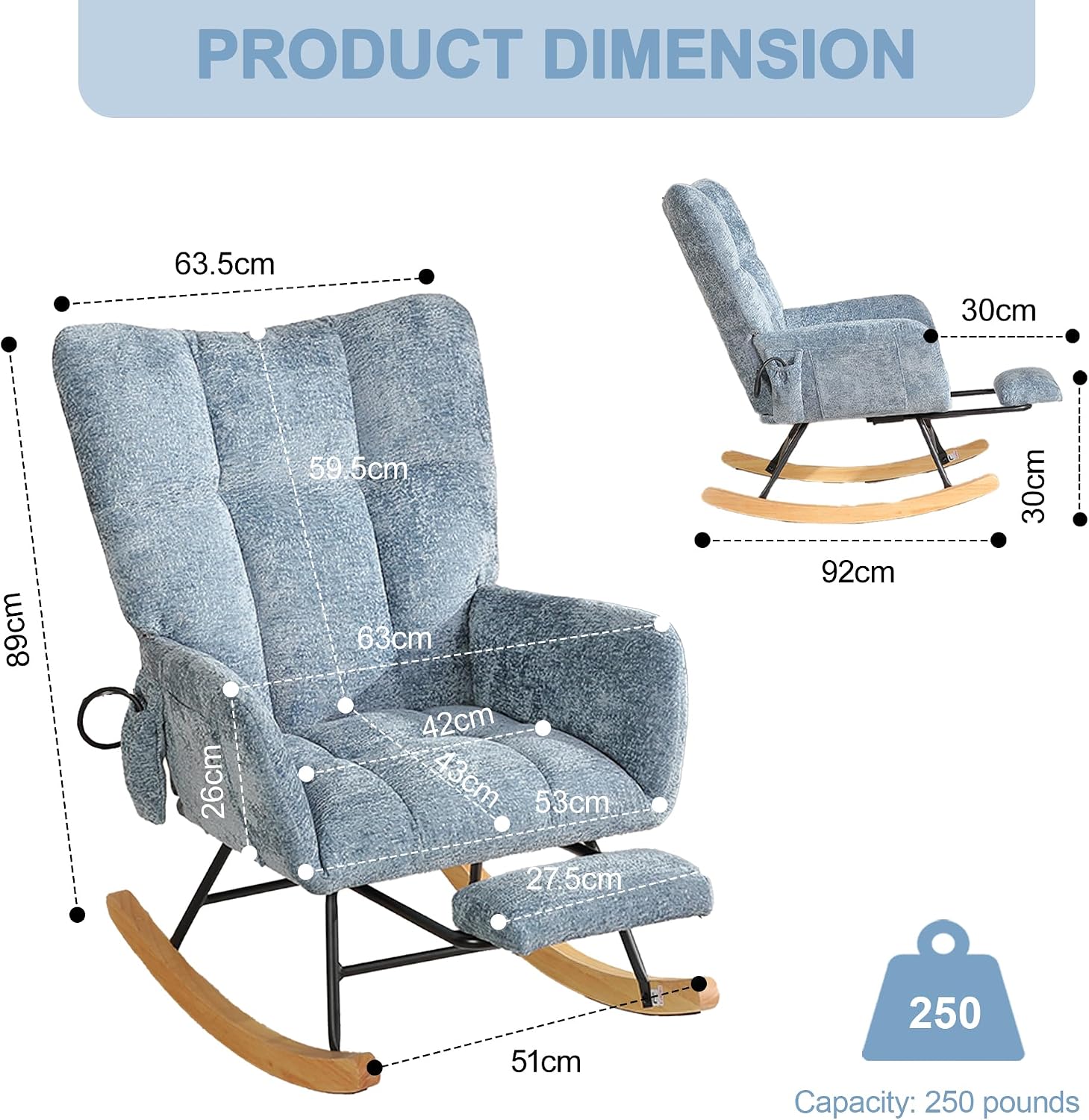 Rocking Chair Nursery with Airbag, Comfy Modern Nursery Rocking Reading Chair Indoor with Footrest, Cozy Upholstered Glider Rocker Chairs for Living Room Bedroom Offices, (Chenille, Blue)