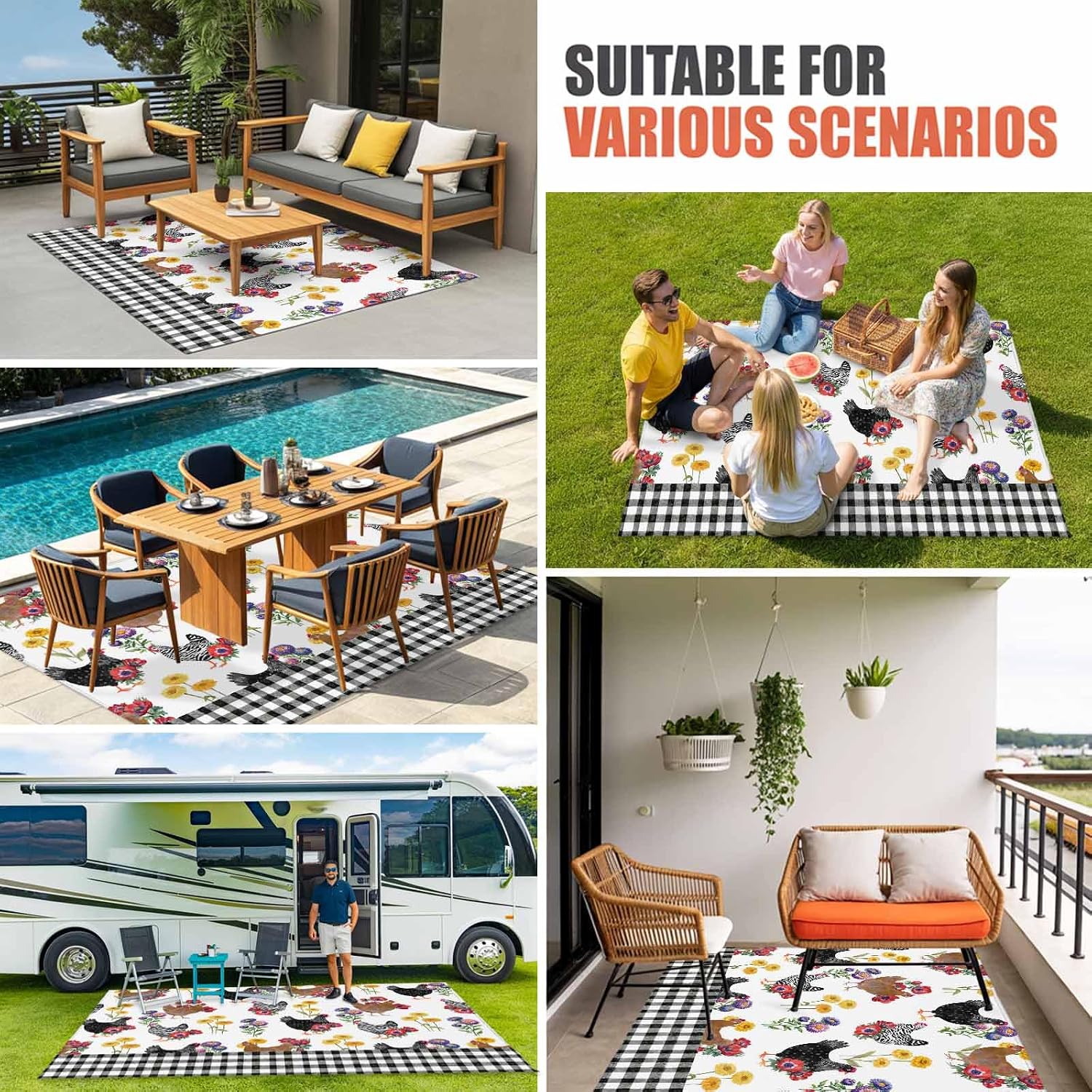 Farmhouse Rooster Outdoor Rug for Patio/Deck/Porch, Non-Slip Large Area Rug 4 x 6 Ft, Country Watercolor Flowers Black Plaid Indoor Outdoor Rugs Washable Area Rugs, Camping Rug Carpet Runner