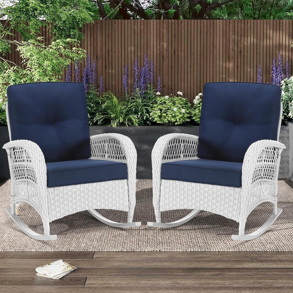 MEETWARM Outdoor Wicker Rocking Chairs Set of 2, Rattan Patio Rocker Chairs with Thick Cushions and High Back, All-Weather Patio Wicker Chair with Safe Rocking Design for Garden, White/Navy