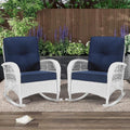 MEETWARM Outdoor Wicker Rocking Chairs Set of 2, Rattan Patio Rocker Chairs with Thick Cushions and High Back, All-Weather Patio Wicker Chair with Safe Rocking Design for Garden, White/Navy