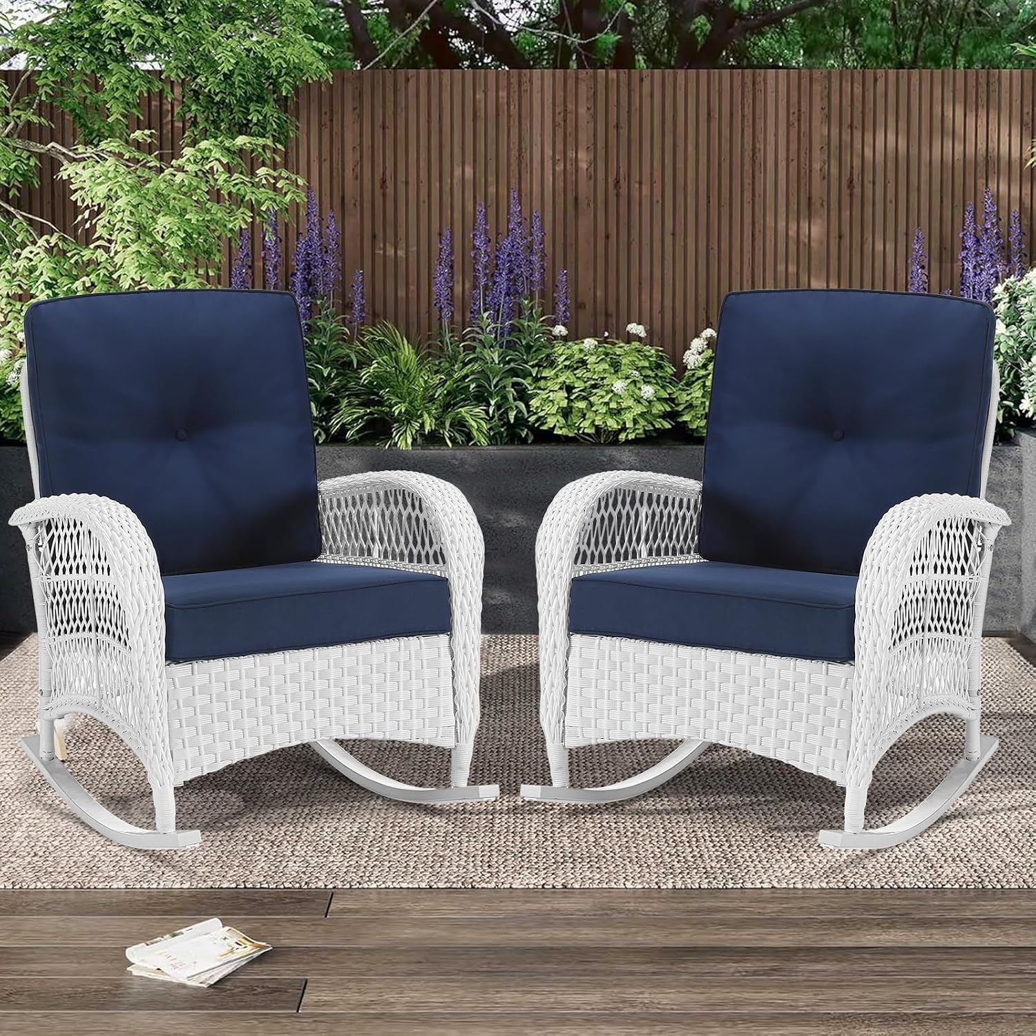MEETWARM Outdoor Wicker Rocking Chairs Set of 2, Rattan Patio Rocker Chairs with Thick Cushions and High Back, All-Weather Patio Wicker Chair with Safe Rocking Design for Garden, White/Navy