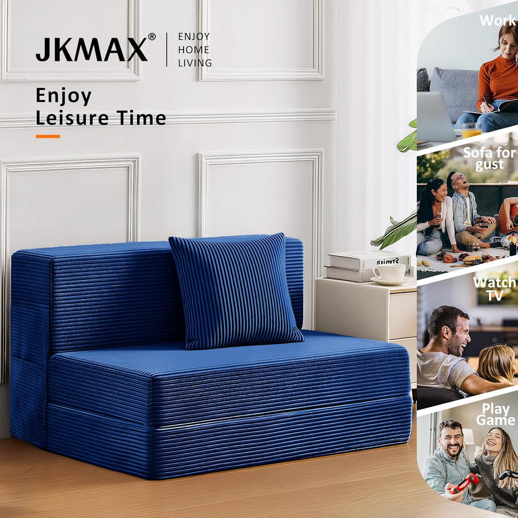 JKMAX Queen Size Folding Sofa Bed - 4 in 1 Convertible Sleeper Chair with Two Pillows - High Density Memory Foam Futon Couch - Foldable Bed for Living Room Bedroom (Blue)