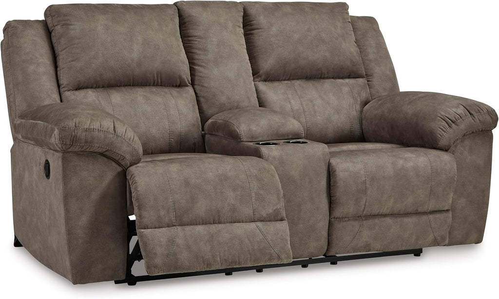 Signature Design by Ashley Laresview Contemporary Faux Leather Manual Double Reclining Loveseat with Console, Storage and Cup Holders, Gray