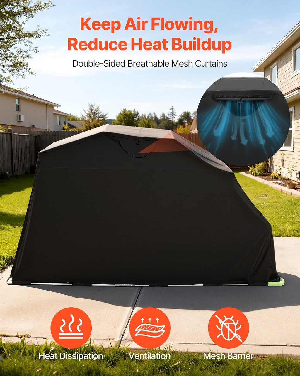 VEVOR Motorcycle Storage Shelter 136 x 54 x 75 in with Security Lock, 600D Oxford Flip-Up Garage Tent, Heavy-Duty All-Weather Motorcycle Cover Shed with 2 Side Windows, Outdoor Vehicle Shelter, Black