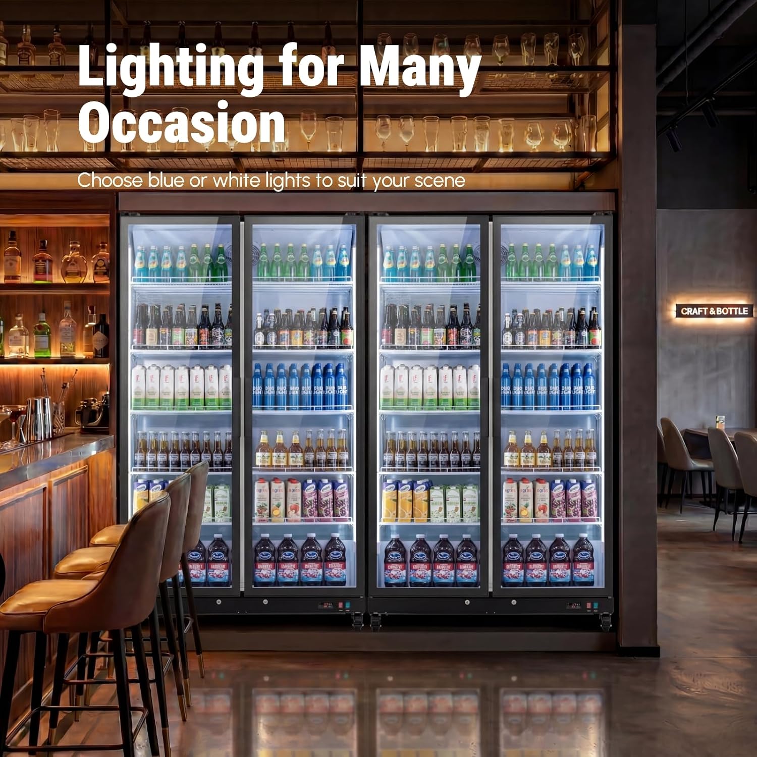 Yeego Commercial Refrigerators - 37.8 Cu.Ft 2 Glass Doors Commercial Beverage Refrigerator with Dual LED Light & Adjustable Shelves, 32-50°F Commercial Cooler for Stores Bakery Bar Offices Restaurants