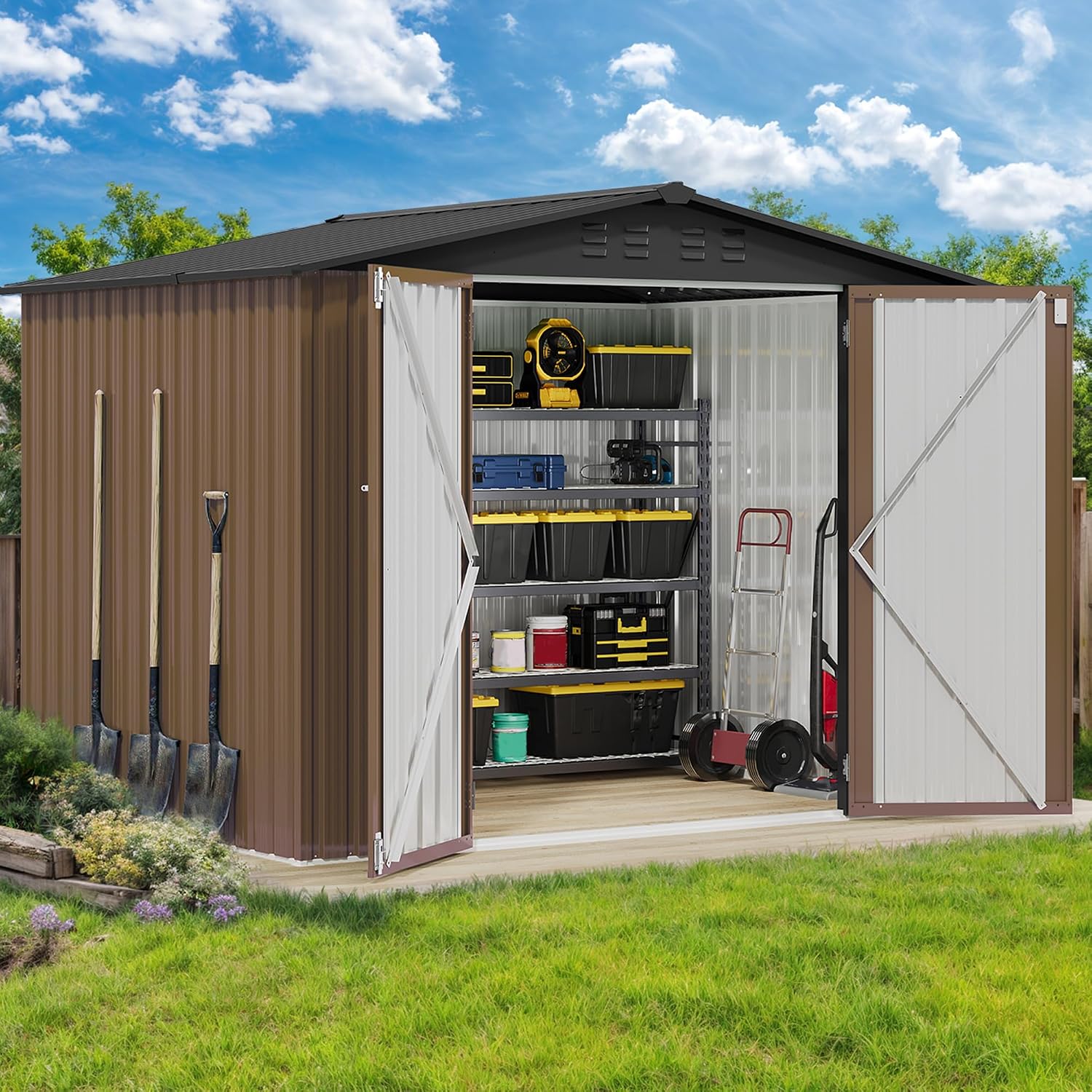 DWVO 7x5FT Outdoor Storage Shelter, Roomy Steel Tool Shed with Secure Entrances & Air Circulation for Patio, Lawn, and Backyard, Ideal for Storing Garden Gear, Lawn Tools, and Bikes, Brown