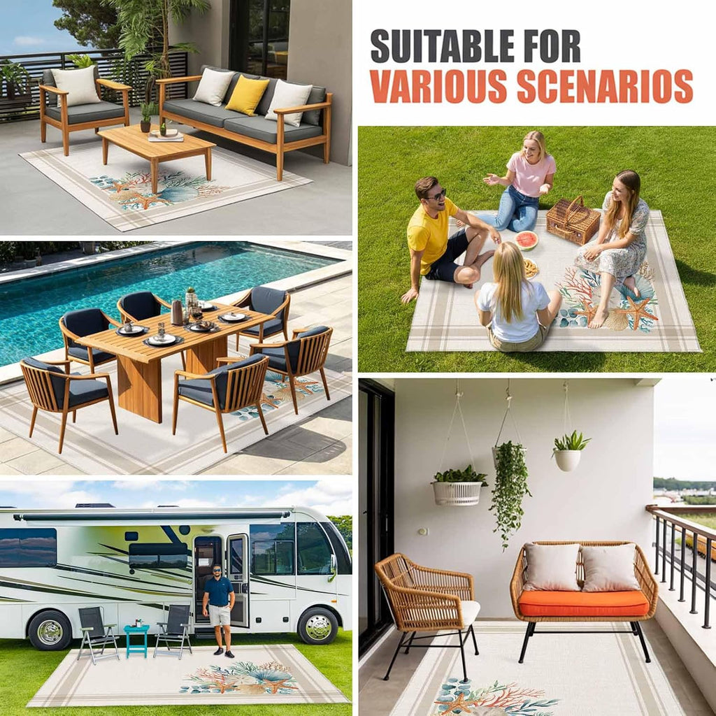 Summer Coastal Outdoor Rug for Patio/Deck/Porch, Non-Slip Large Area Rug 5 x 8 Ft, Nautical Beach Marine Life Beige Striped Indoor Outdoor Rugs Washable Area Rugs, Reversible Camping Rug Carpet Runner