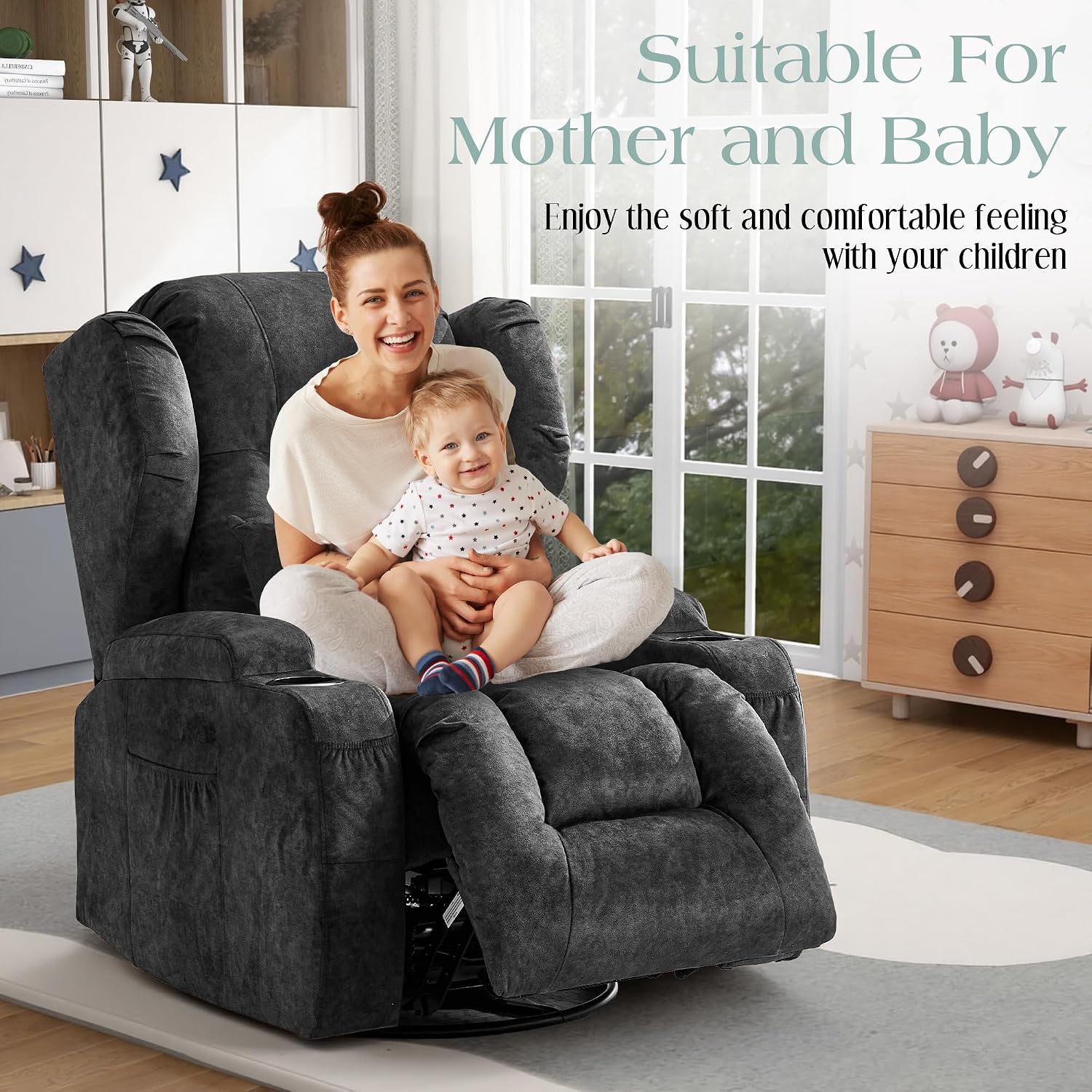 TUNYI Power Recliner Chair - Velvet Home Theater Seating Glider Reclining Sofa with Massage & Heat Swivel Rocker Recliner Chair for Living Room with LED Light/USB Port/Lumbar Pillow (VelGrey)