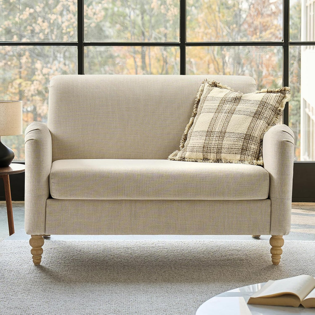 HULALA HOME 50.5' Loveseat Sofa with Solid Wood Spindle Legs, 2 Seater Farmhouse Sofa with Rolled Wide Armrests, Comfy Upholstered Small Couch for Living Room Bedroom, Linen