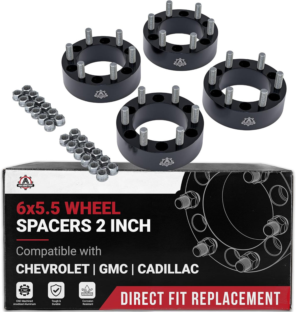 6x5.5 Wheel Spacers 2 Inch, Set of 4 - 6 Lug 50mm Wheel Centric Adapter - Fits Chevy, GMC & Cadillac - 1999-2022 Silverado, Sierra, Avalanche, Tahoe & Suburban - 6x139.7mm Bolt Pattern, M14x1.5 Studs