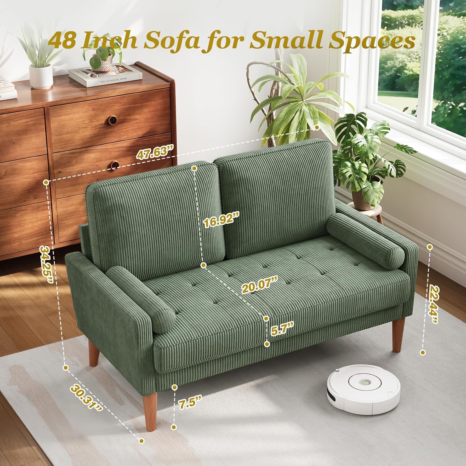Vesgantti Loveseat Sofa with Solid Wood Legs,48' Small Corduroy Couches for Small Spaces, Mid Century Modern Love Seat for Living Room, Bedroom, Easy Assembly with Throw Pillow, Green