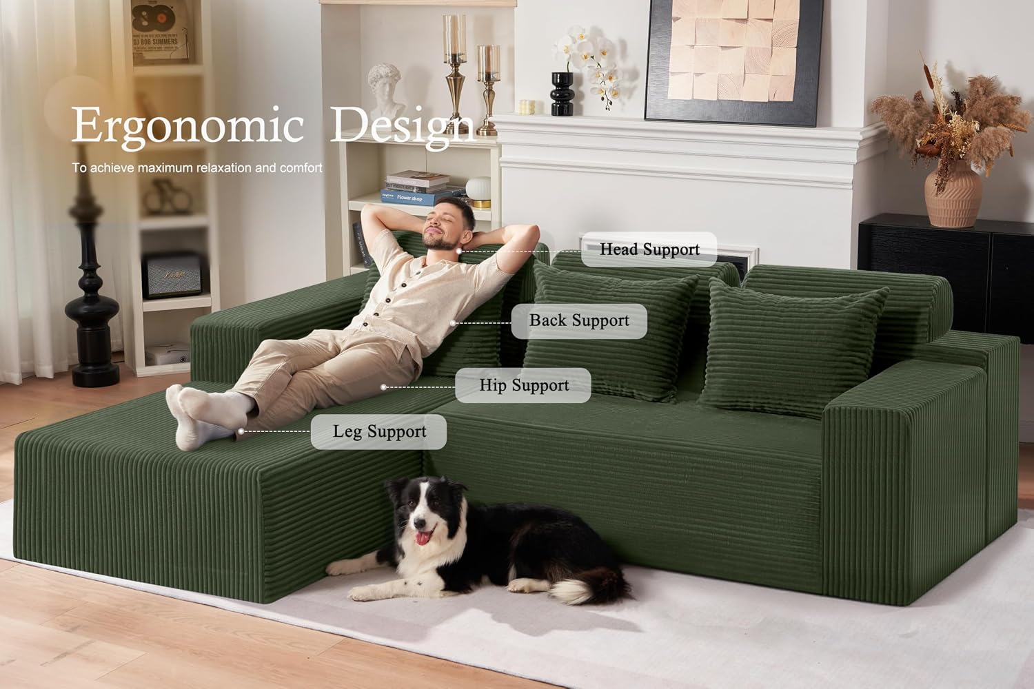 HABUTWAY Sectional Couches for Living Room,No Assembly L Shaped Couch 105' Modular Sectional Sofa Couch with Deep Seat,Cloud Couches Furniture Sets for Apartment,Corduroy (Green, Left Facing)