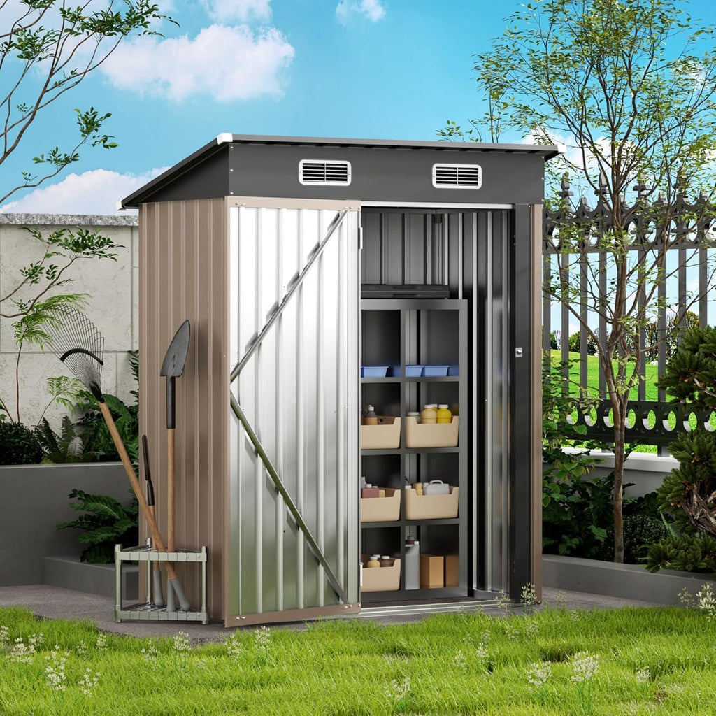 5x2.5 FT Vertical Metal Storage Shed, Lockable Outdoor Garden Tool Shed with Sloped Roof, Heavy-Duty Steel Utility Shed for Patio Backyard, Brown