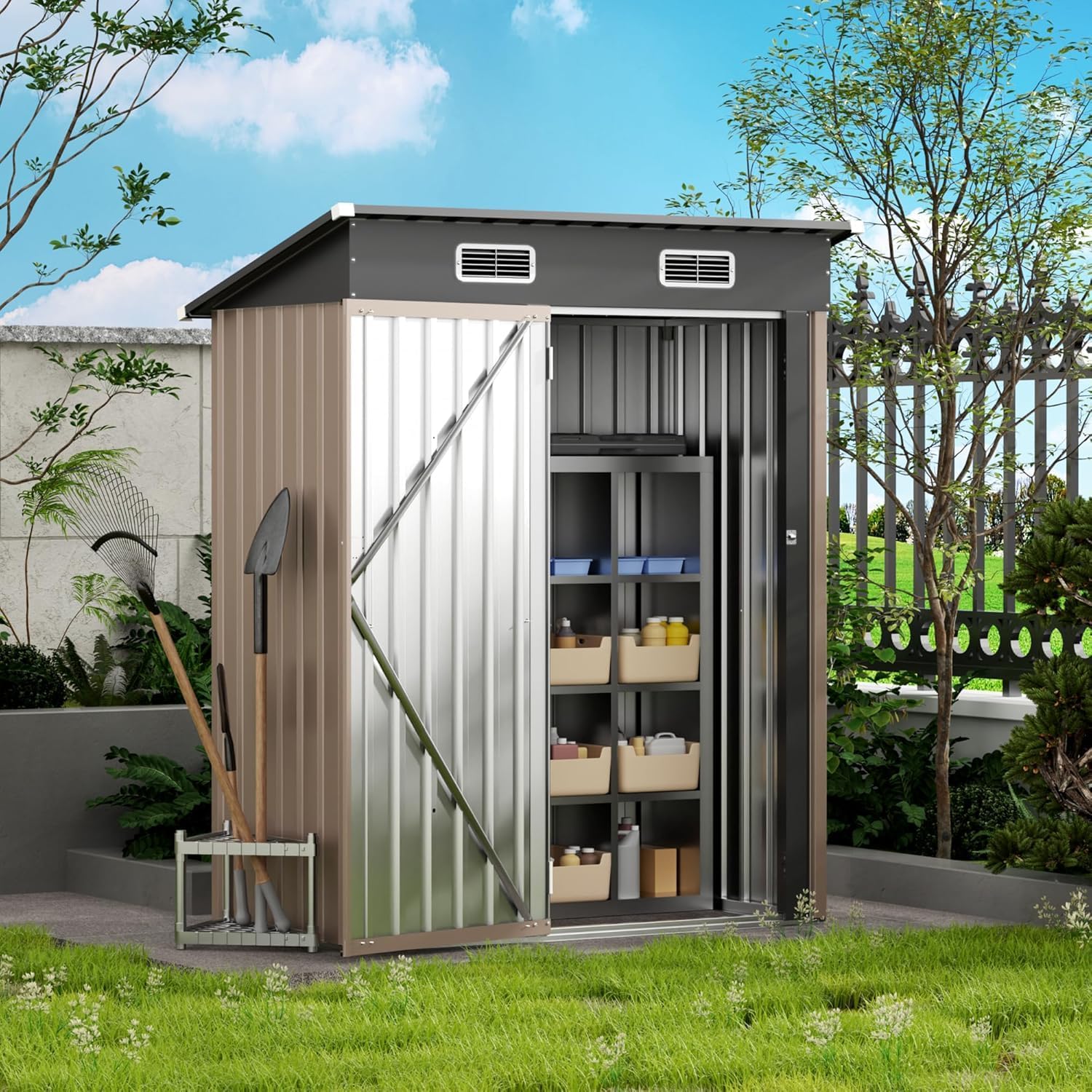 5x2.5 FT Vertical Metal Storage Shed, Lockable Outdoor Garden Tool Shed with Sloped Roof, Heavy-Duty Steel Utility Shed for Patio Backyard, Brown