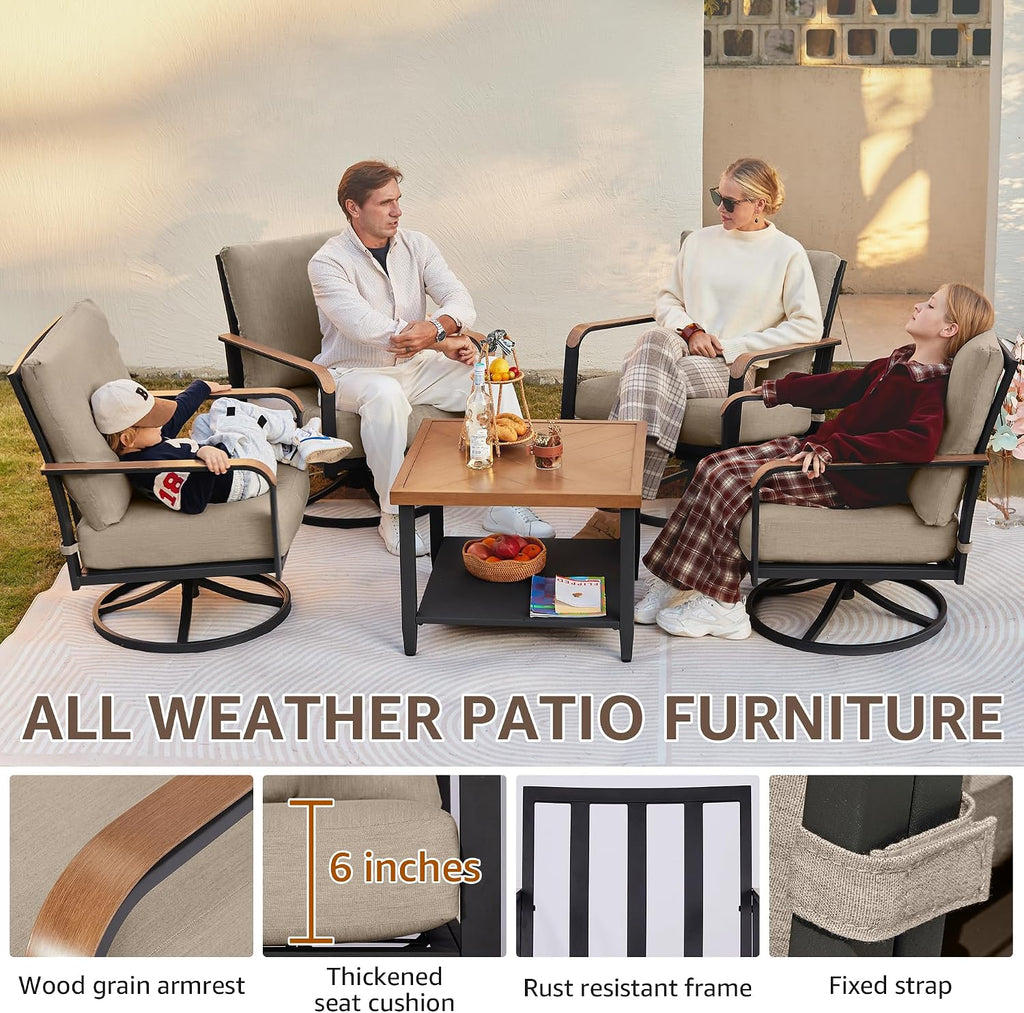 NATURAL EXPRESSIONS 5 Piece Patio Furniture Set,Outdoor Conversation with 4 Pieces Swivel Rocking Chairs,28' Double-Deck Wooden Grain Finish Metal Table, 6' Olefin Cushions for Yard,Porch (Shale)