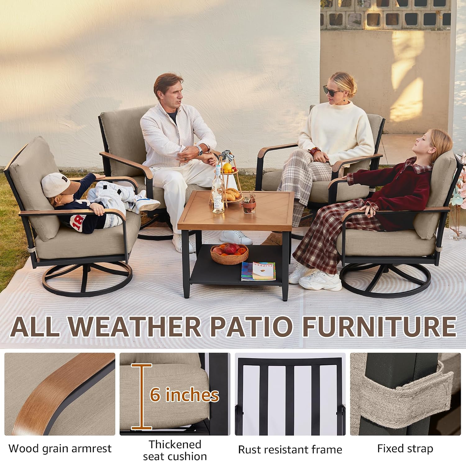 NATURAL EXPRESSIONS 5 Piece Patio Furniture Set,Outdoor Conversation with 4 Pieces Swivel Rocking Chairs,28' Double-Deck Wooden Grain Finish Metal Table, 6' Olefin Cushions for Yard,Porch (Shale)