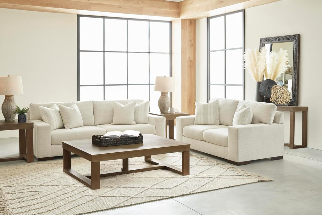 Signature Design by Ashley Maggie Contemporary Upholstered Sofa with Accent Pillows, Off-White
