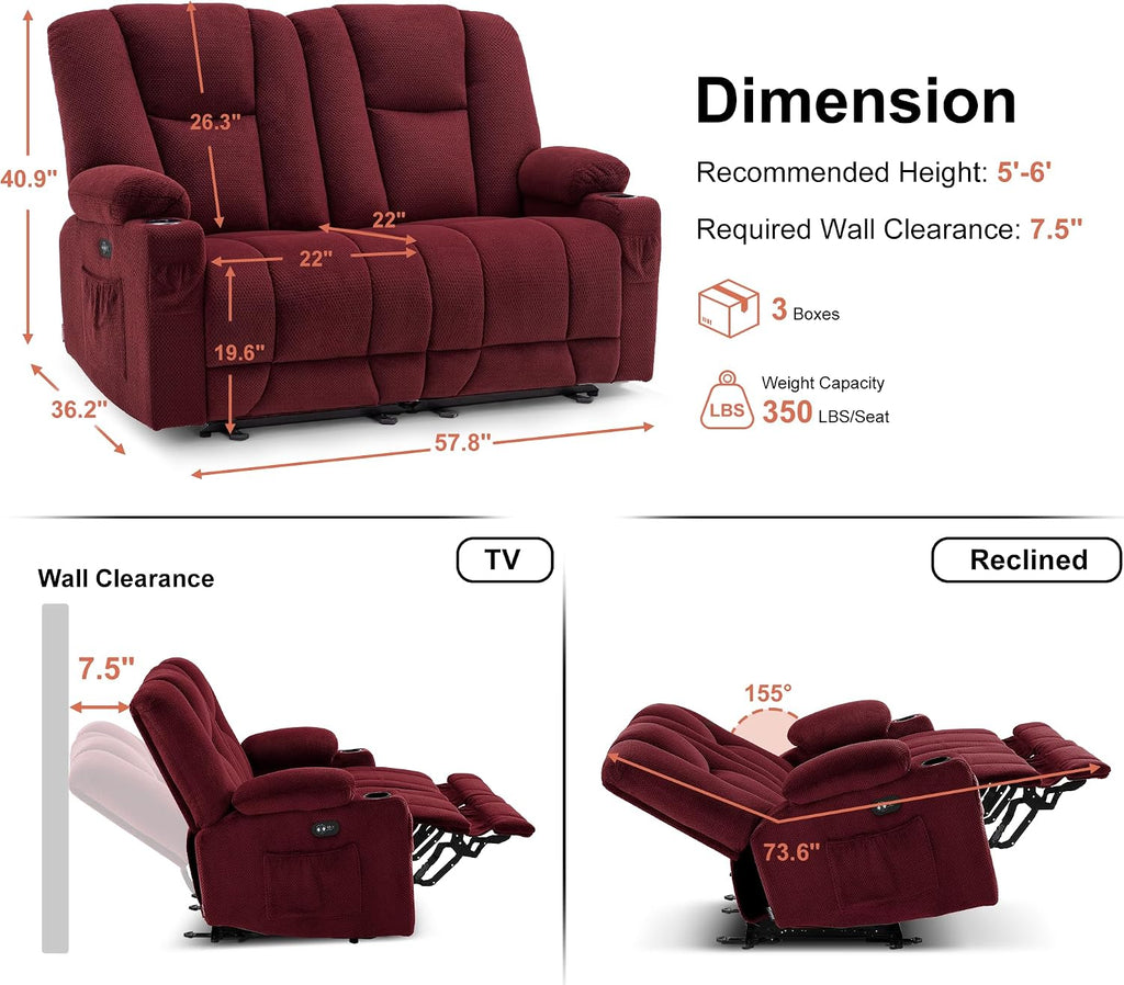 MCombo Zero Gravity Power Loveseat Sofa, Heat and Massage, Reclining Loveseat for Living Room, Fabric 6035SET (Burgundy, Loveseat)