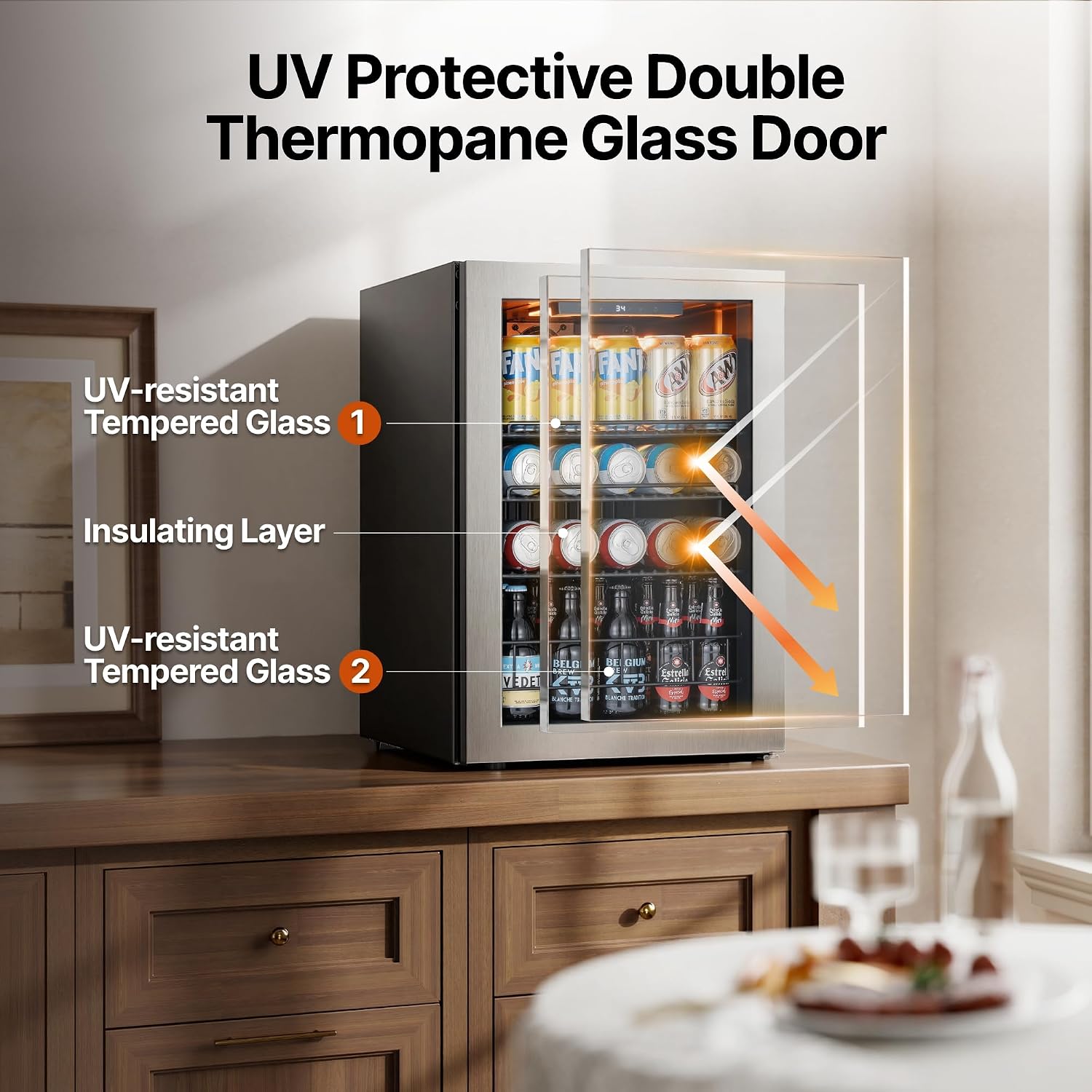 Ca'Lefort Mini Fridge Beverage Cooler, 85 Can Beverage Refrigerator with Reversible Glass Door, Adjustable Shelves for Soda, Beer & Drinks, Digital Temperature Control for Dorm, Office & Home