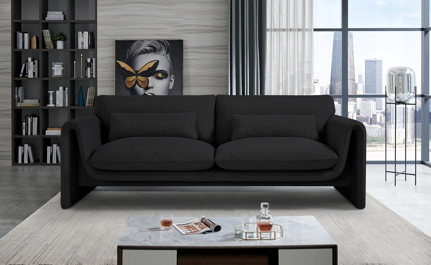 Meridian Furniture 198Black-S Stylus Collection Modern | Contemporary Boucle Fabric Upholstered Sofa with Rich Black Boucle Fabric, Curved Arms, 86' W x 38' D x 31' H, Black